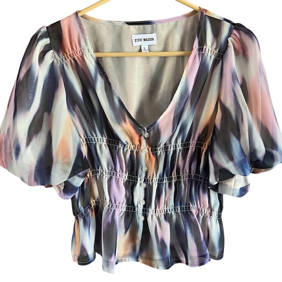 Hostess Pick 🥳 Steve Madden Pink and Blue Smocked Blouse Flutter Sleeves - Picture 2 of 6